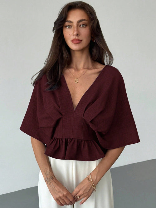Solid Color V-Neck Ruffle Hem Blouse shein