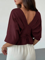 Solid Color V-Neck Ruffle Hem Blouse shein