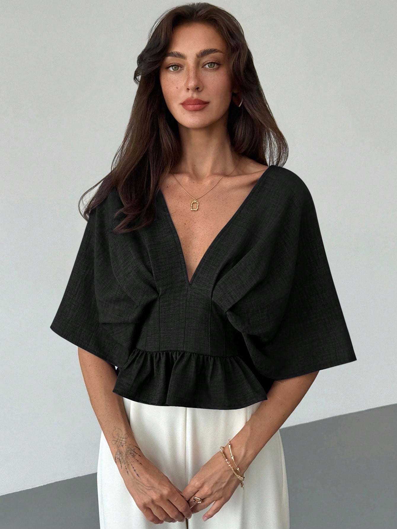 Solid Color V-Neck Ruffle Hem Blouse shein