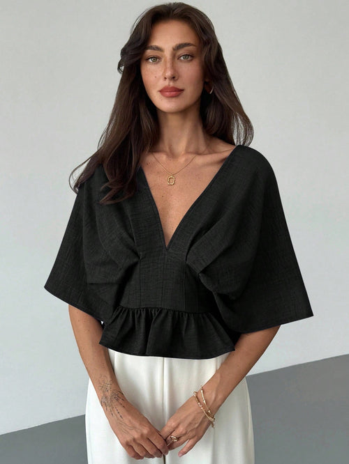 Solid Color V-Neck Ruffle Hem Blouse shein