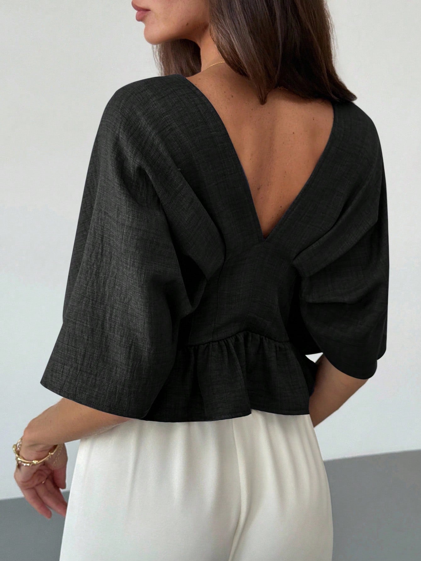Solid Color V-Neck Ruffle Hem Blouse shein
