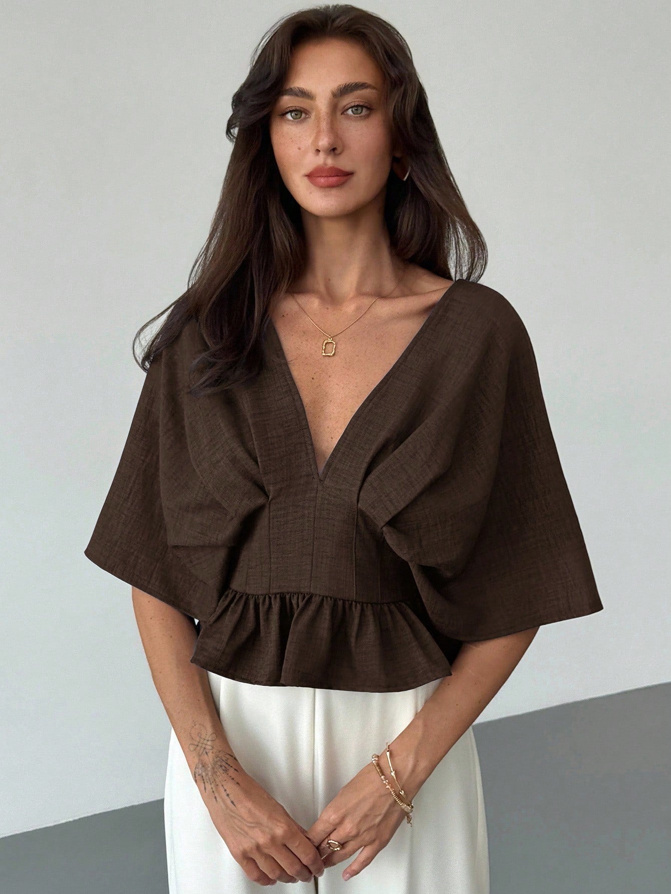 Solid Color V-Neck Ruffle Hem Blouse shein
