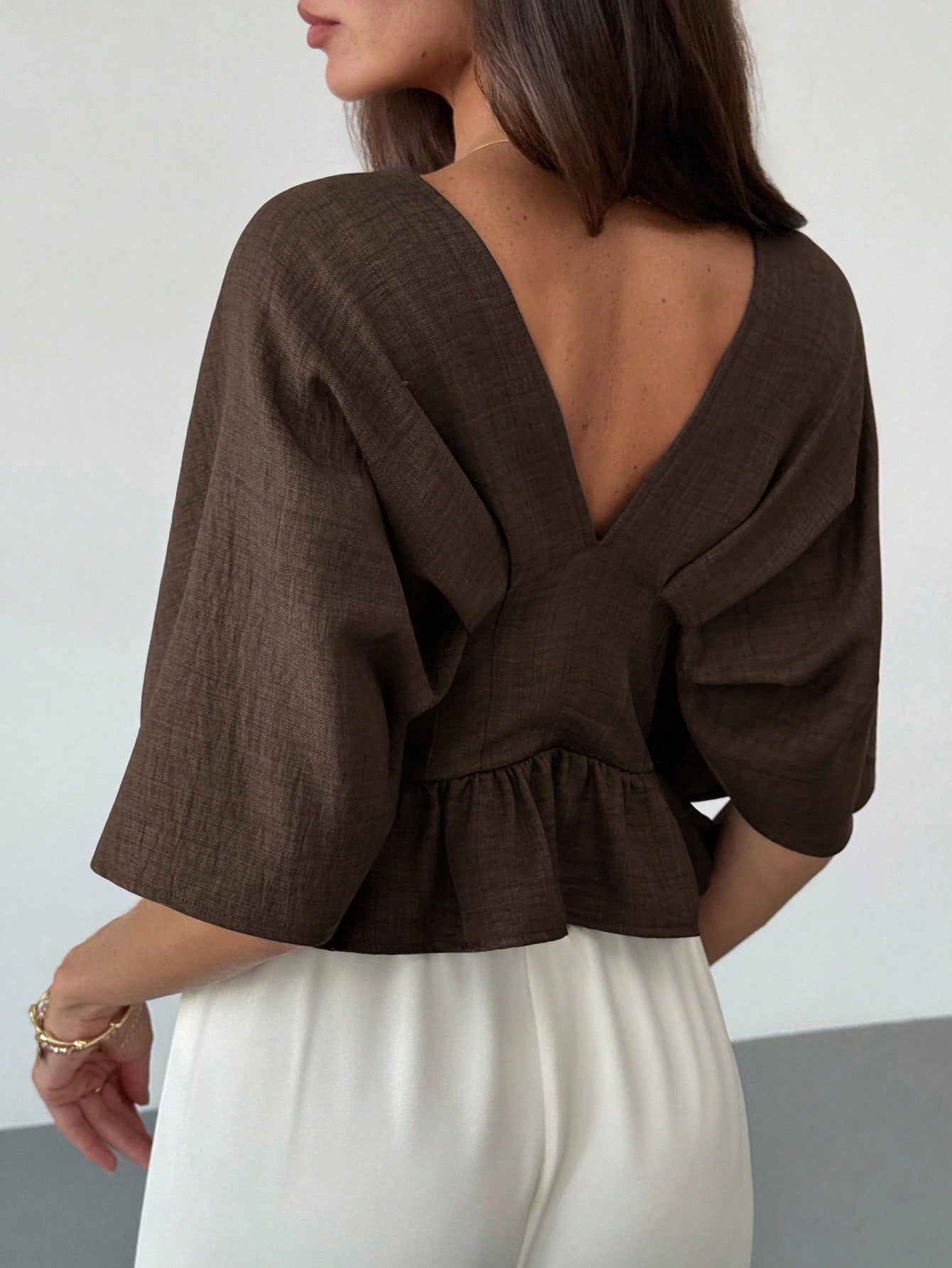 Solid Color V-Neck Ruffle Hem Blouse shein