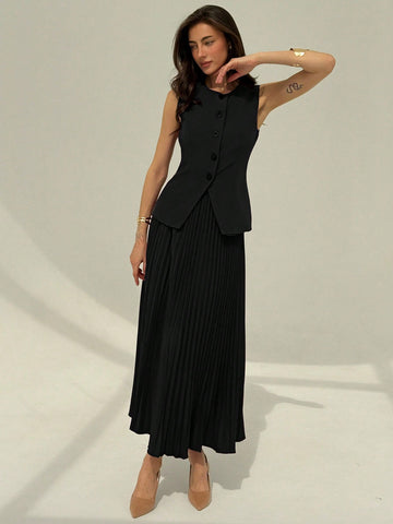 Women's Solid Color Vest + Pleated A-Line Skirt Suit