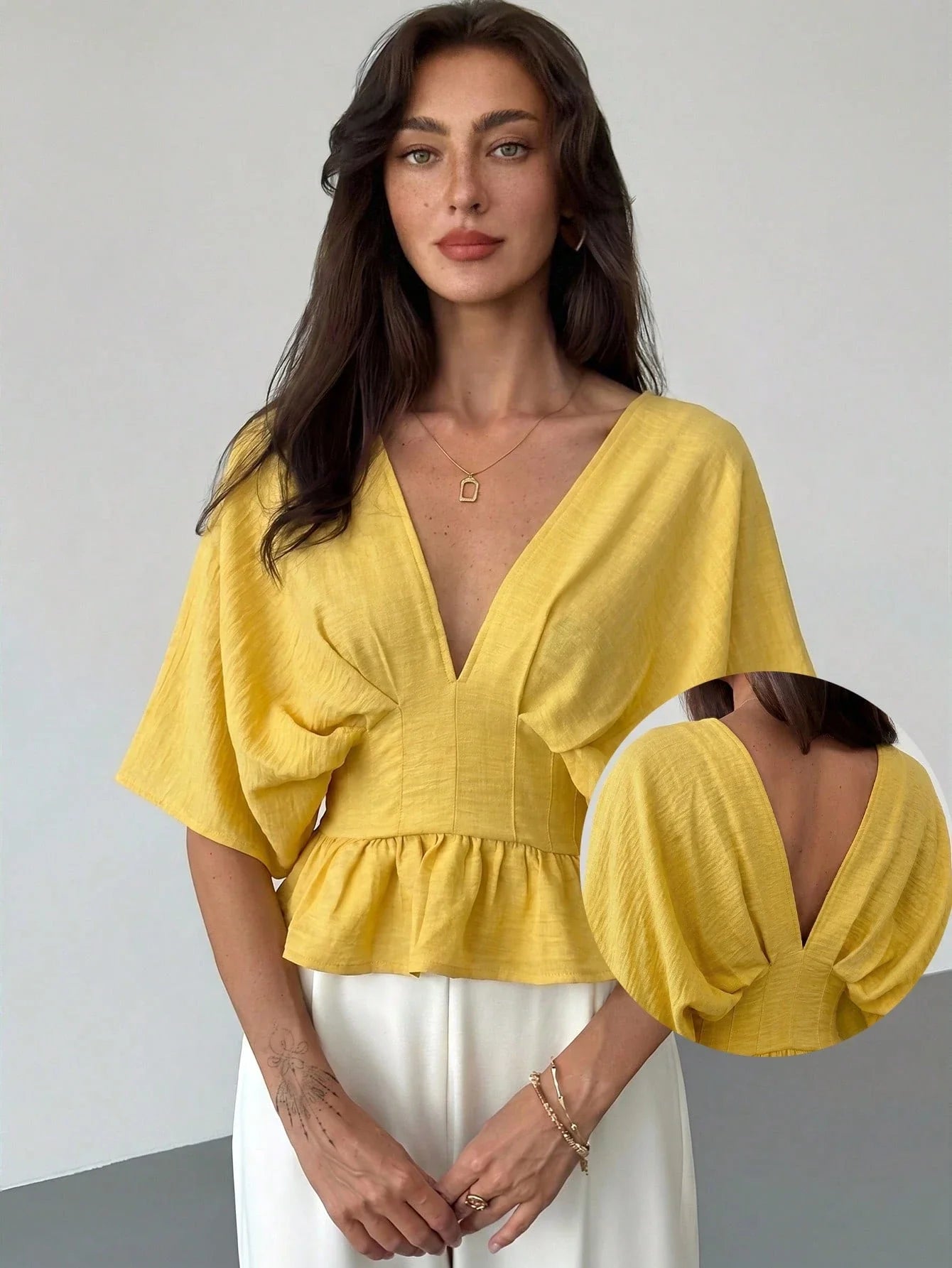 Solid Color V-Neck Ruffle Hem Blouse shein