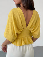 Solid Color V-Neck Ruffle Hem Blouse shein