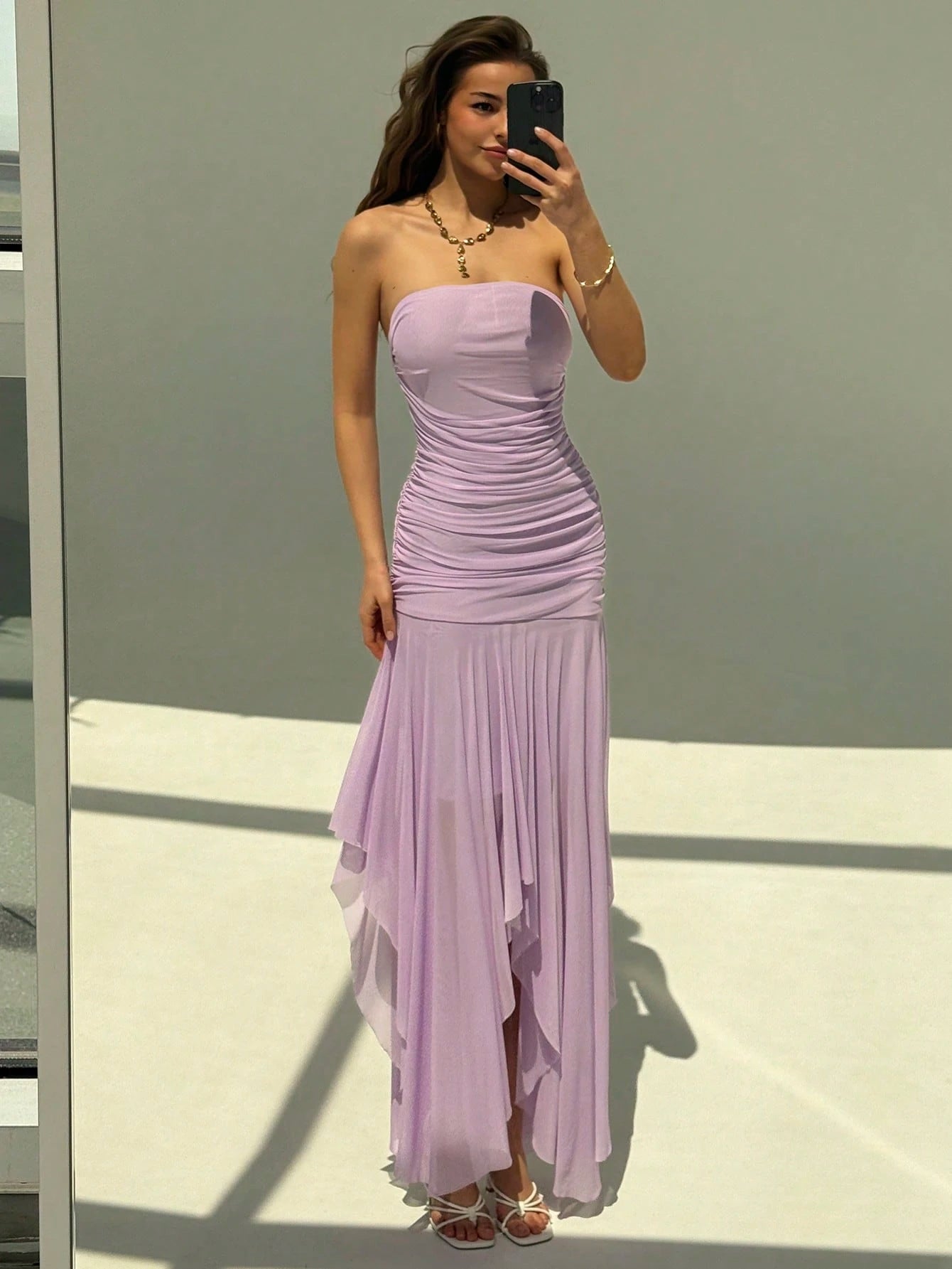 Aloruh Ladies' Asymmetrical Hem Ruffle Trim Dating & Wedding Season Dress