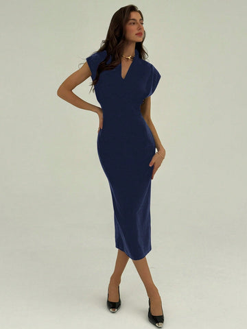 Women's Solid Color V-Neck Dolman Sleeve Fitted Midi Dress