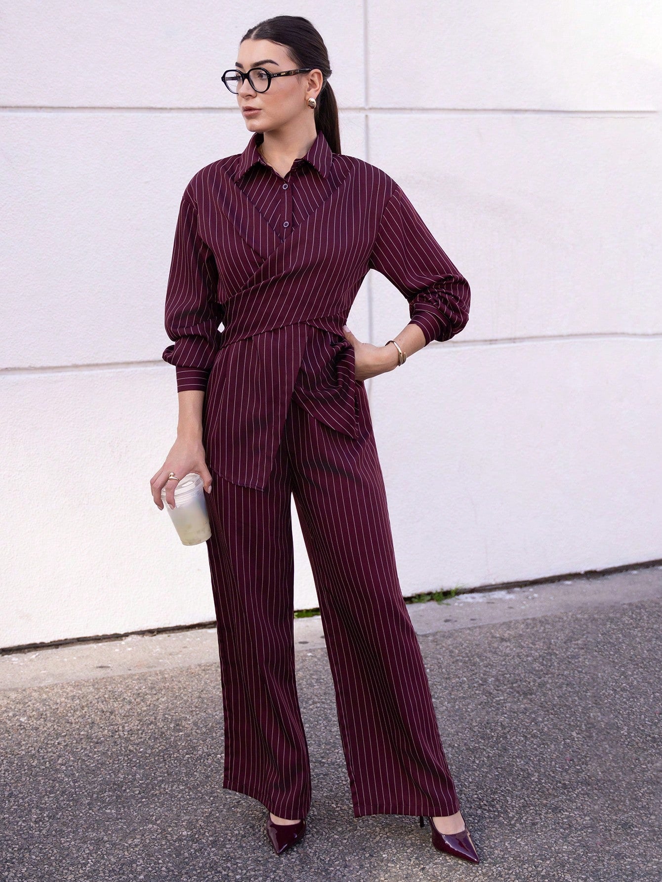 2pcs/Set Women's Cinched Waist Korean Retro Style Shirt And Pants