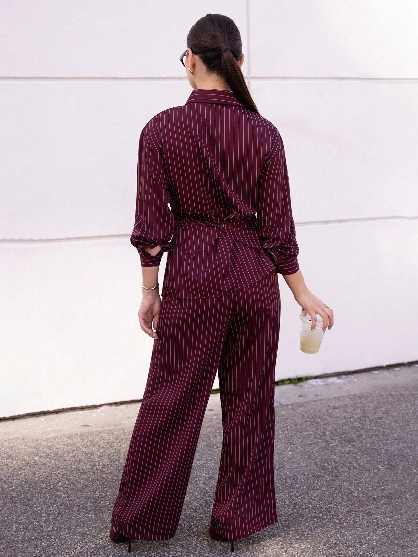 2pcs/Set Women's Cinched Waist Korean Retro Style Shirt And Pants