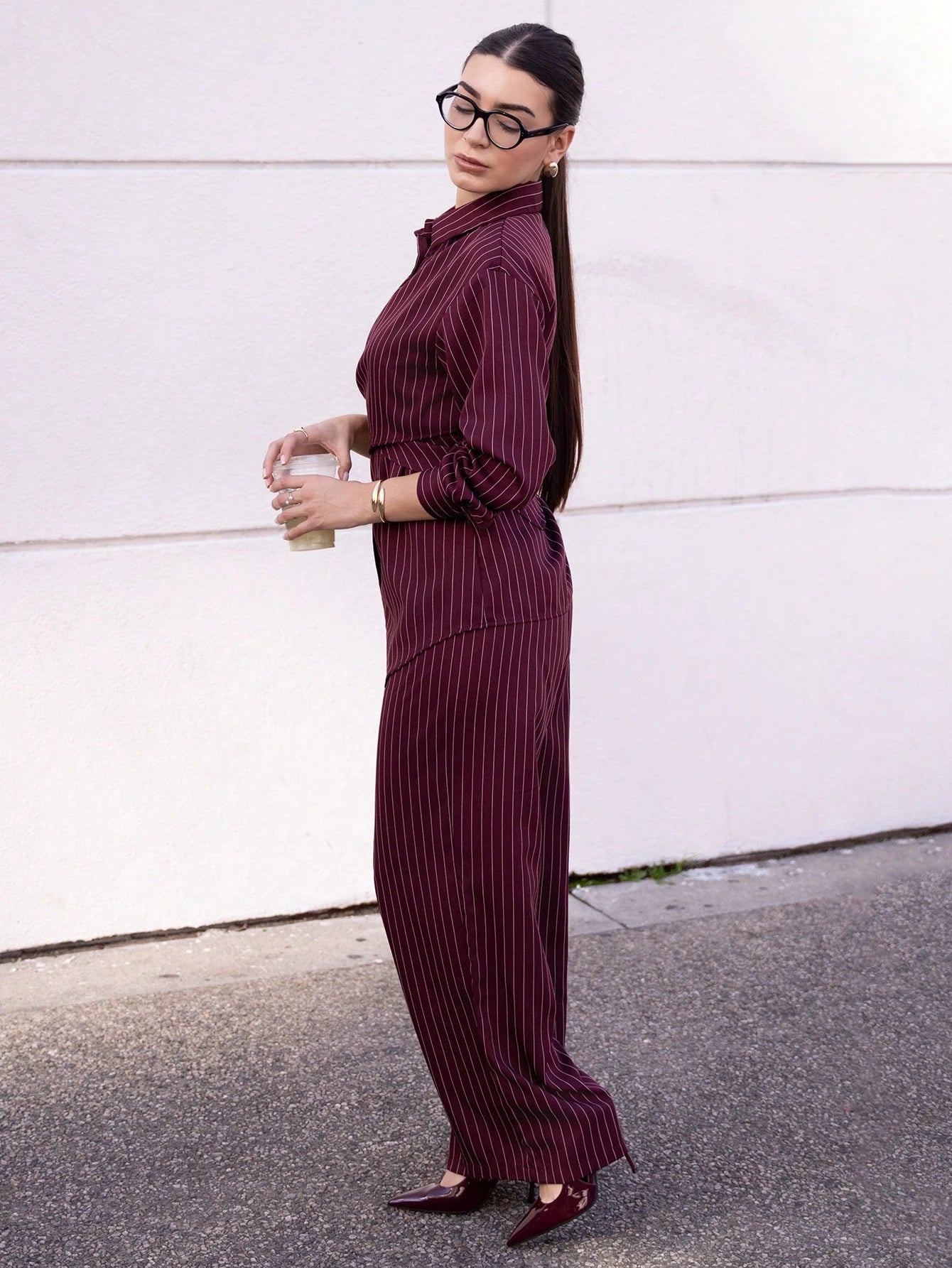 2pcs/Set Women's Cinched Waist Korean Retro Style Shirt And Pants