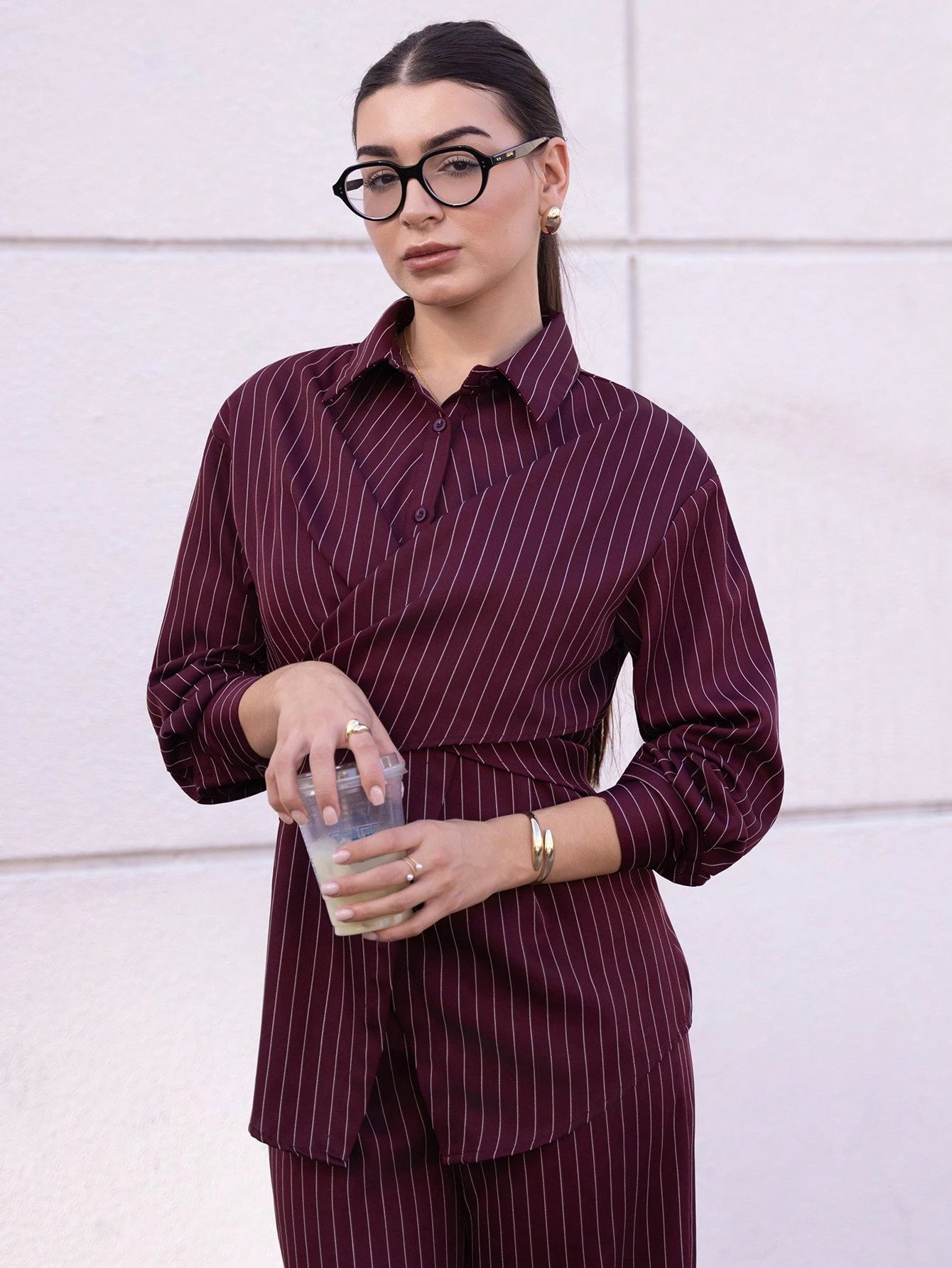 2pcs/Set Women's Cinched Waist Korean Retro Style Shirt And Pants