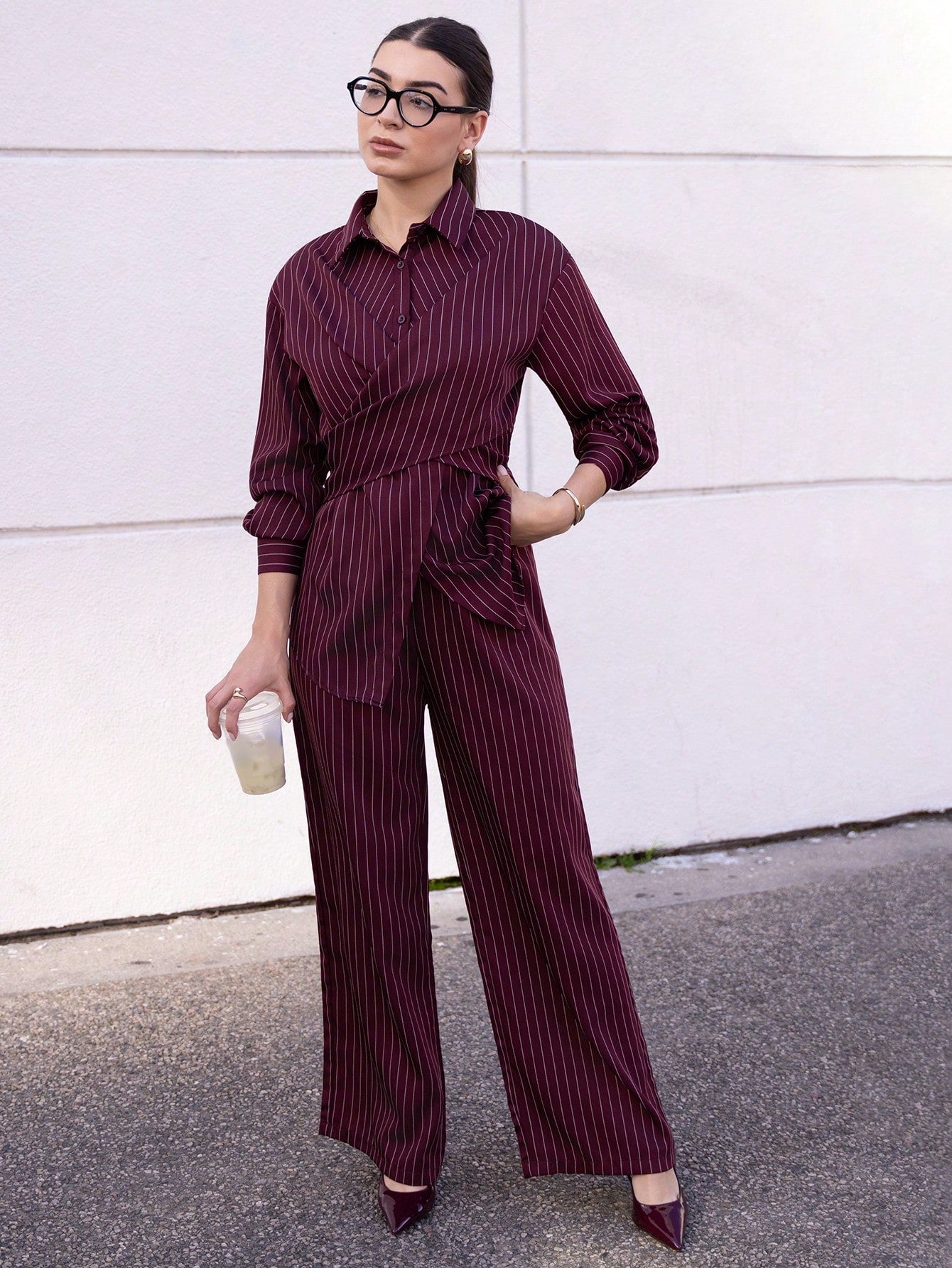 2pcs/Set Women's Cinched Waist Korean Retro Style Shirt And Pants