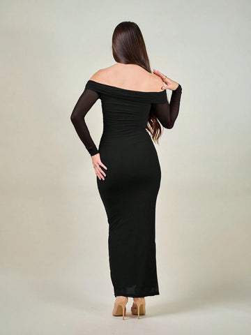 Andrea Bello Romantic Off-Shoulder Mesh Twist Ruched Fitted Long Sleeve