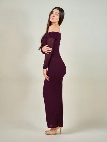 Andrea Bello Romantic Off-Shoulder Mesh Twist Ruched Fitted Long Sleeve