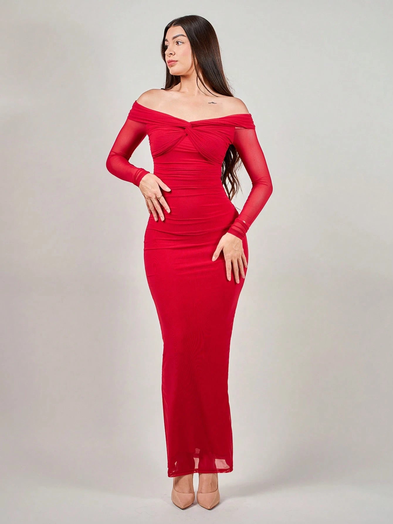 Andrea Bello Romantic Off-Shoulder Mesh Twist Ruched Fitted Long Sleeve