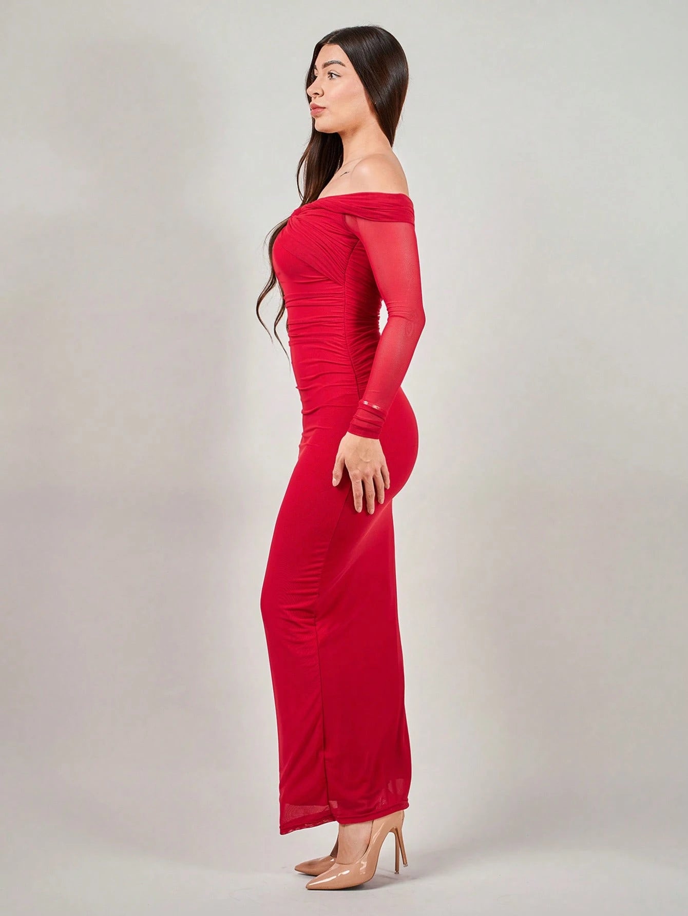 Andrea Bello Romantic Off-Shoulder Mesh Twist Ruched Fitted Long Sleeve