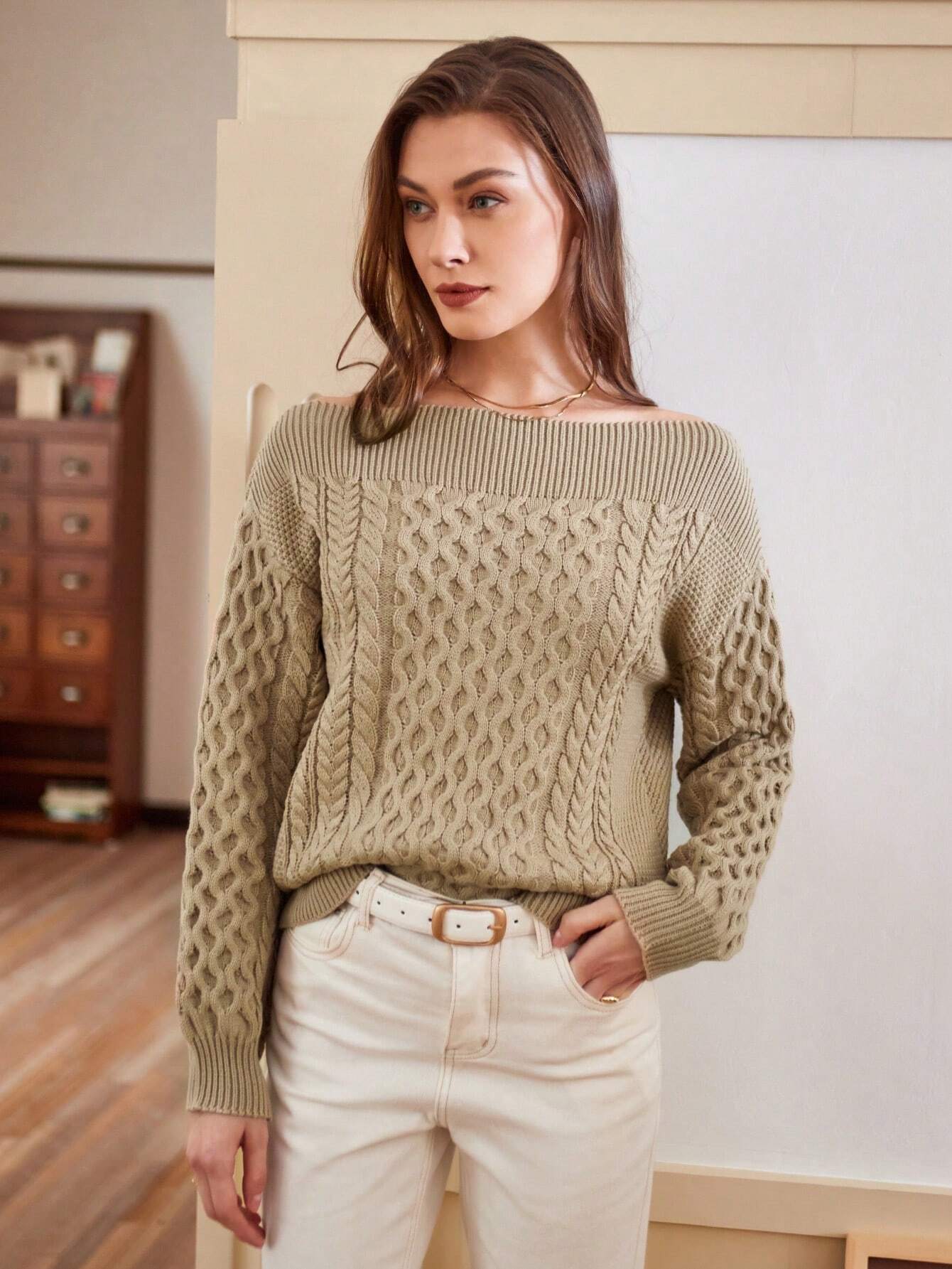 Anewsta Cable Knit Off Shoulder Sweater With Slash Collar shein