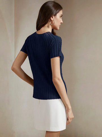 Anewsta Women's Elegant Short Sleeve Rhinestone Decor Semi-Sheer Knit Top