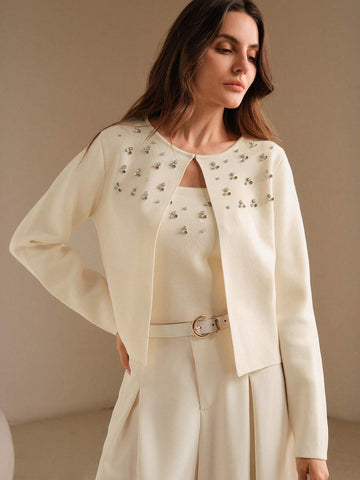 Anewsta Women's Rhinestone Decor Long Sleeve Casual Jacket And Cropped Camisole