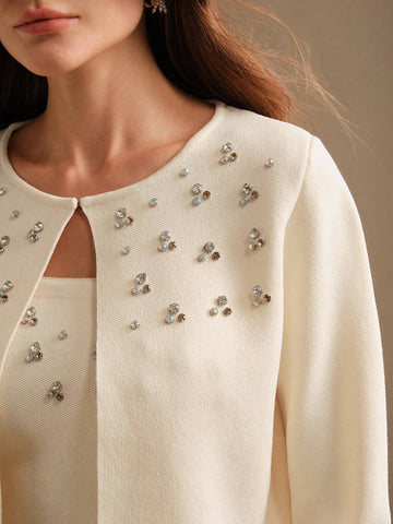 Anewsta Women's Rhinestone Decor Long Sleeve Casual Jacket And Cropped Camisole