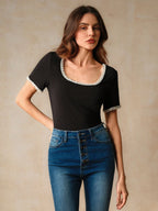 Women's Black Short-Sleeved T-Shirt With Pearl And Rhinestone shein