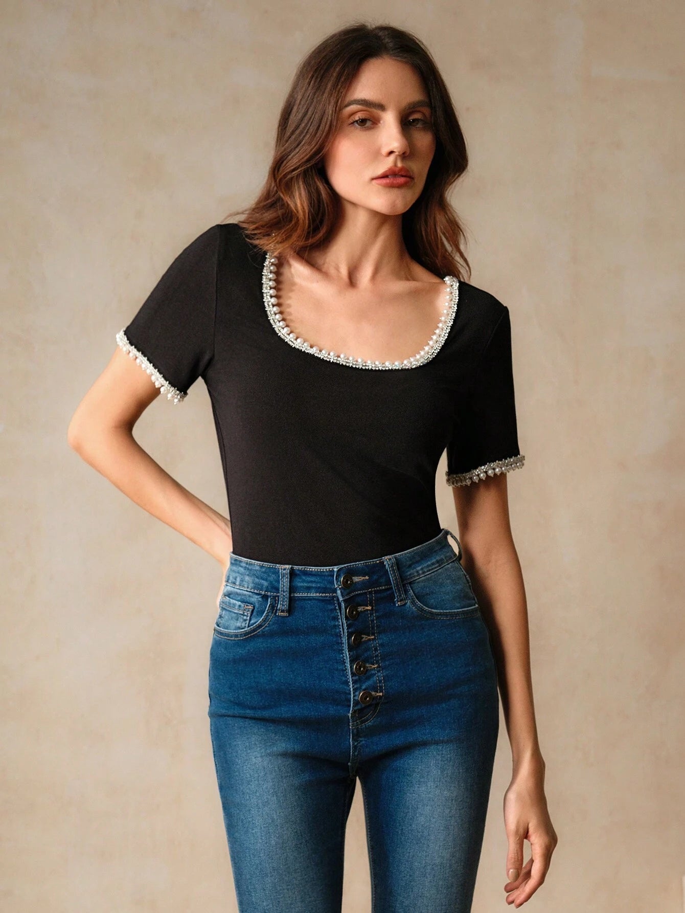 Women's Black Short-Sleeved T-Shirt With Pearl And Rhinestone