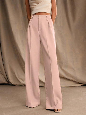 Anewsta Women Solid Color Pleated High Waist Straight Leg Palazzo Pants