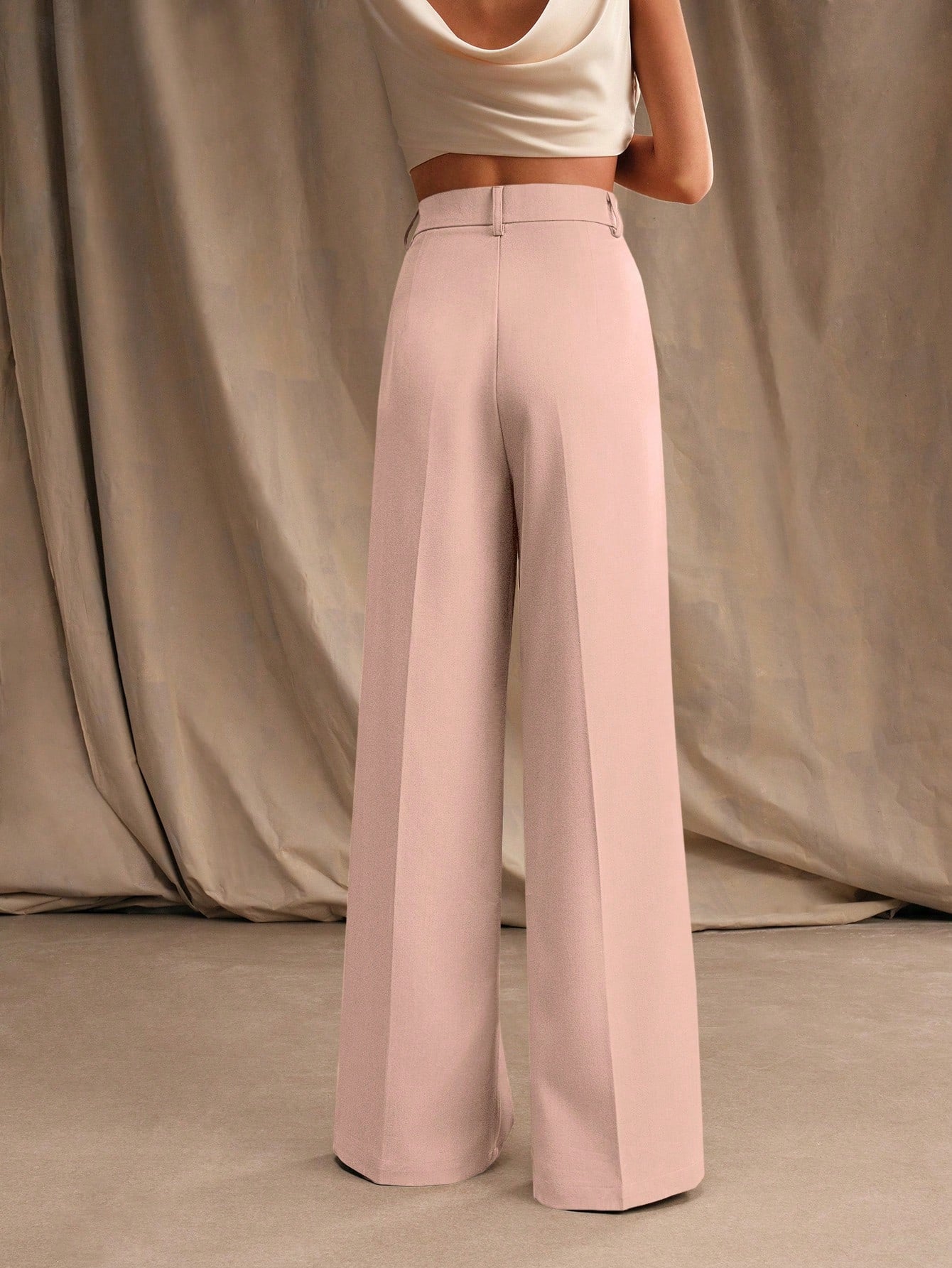 Anewsta Women Solid Color Pleated High Waist Straight Leg Palazzo Pants