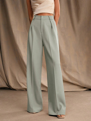 Anewsta Women Solid Color Pleated High Waist Straight Leg Palazzo Pants