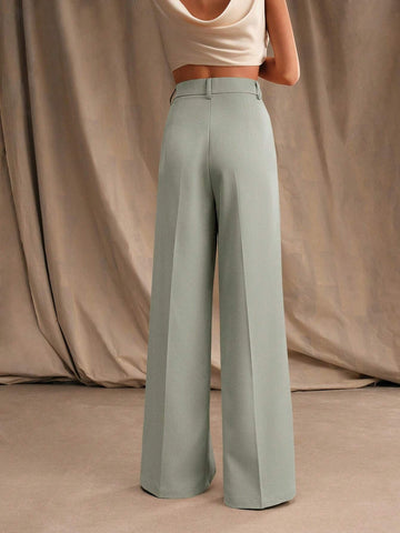 Anewsta Women Solid Color Pleated High Waist Straight Leg Palazzo Pants