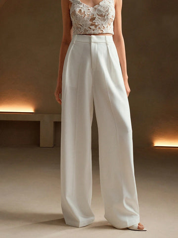 Anewsta Women Solid Color Pleated High Waist Straight Leg Palazzo Pants
