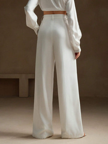 Anewsta Women Solid Color Pleated High Waist Straight Leg Palazzo Pants