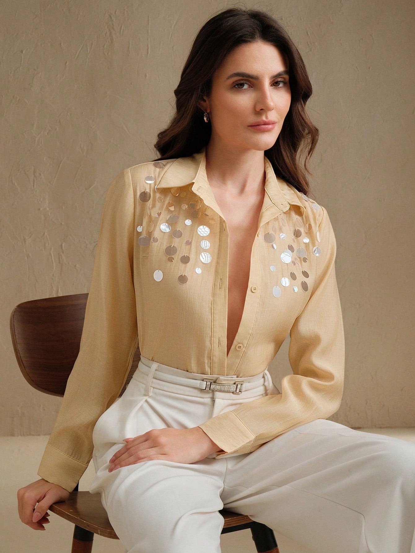 Elegant Hand-Beaded Sequin Decor Loose Fit Semi-Sheer Collared Blouse shein