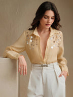 Elegant Hand-Beaded Sequin Decor Loose Fit Semi-Sheer Collared Blouse shein