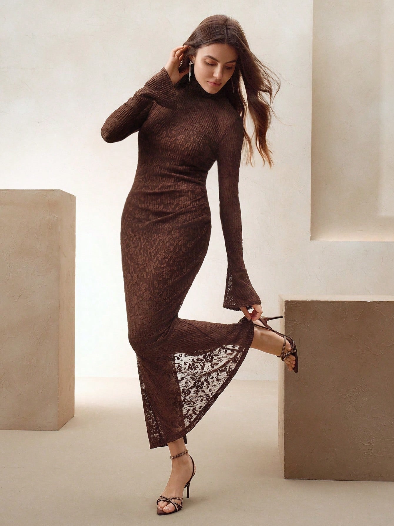 Anewsta Sexy And Elegant Apricot Long Dress With Cinched Waist Design shein