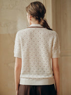 3D Crochet Hollow Gold Button Ivory Knit Top shein
