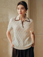 3D Crochet Hollow Gold Button Ivory Knit Top shein