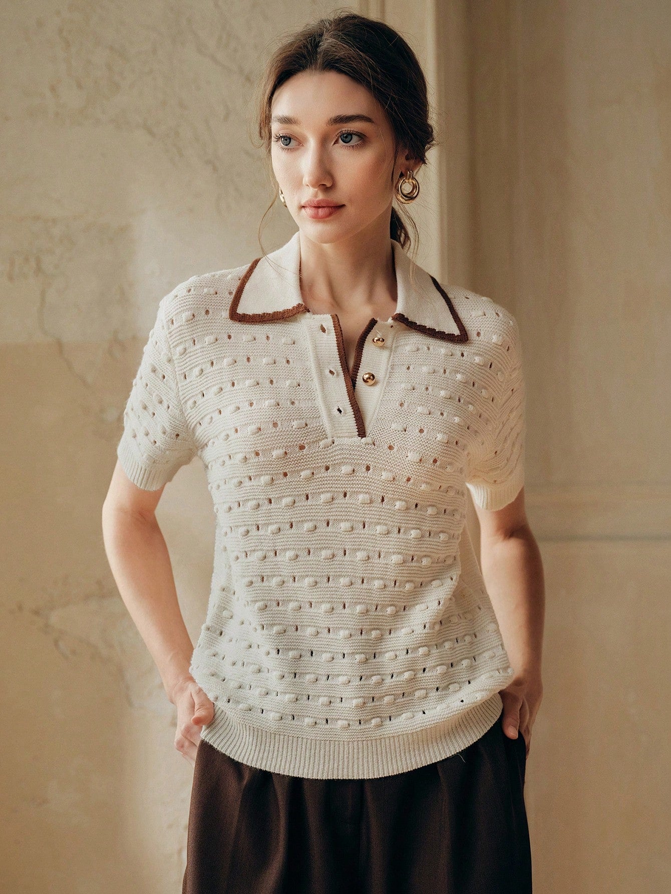 3D Crochet Hollow Gold Button Ivory Knit Top shein