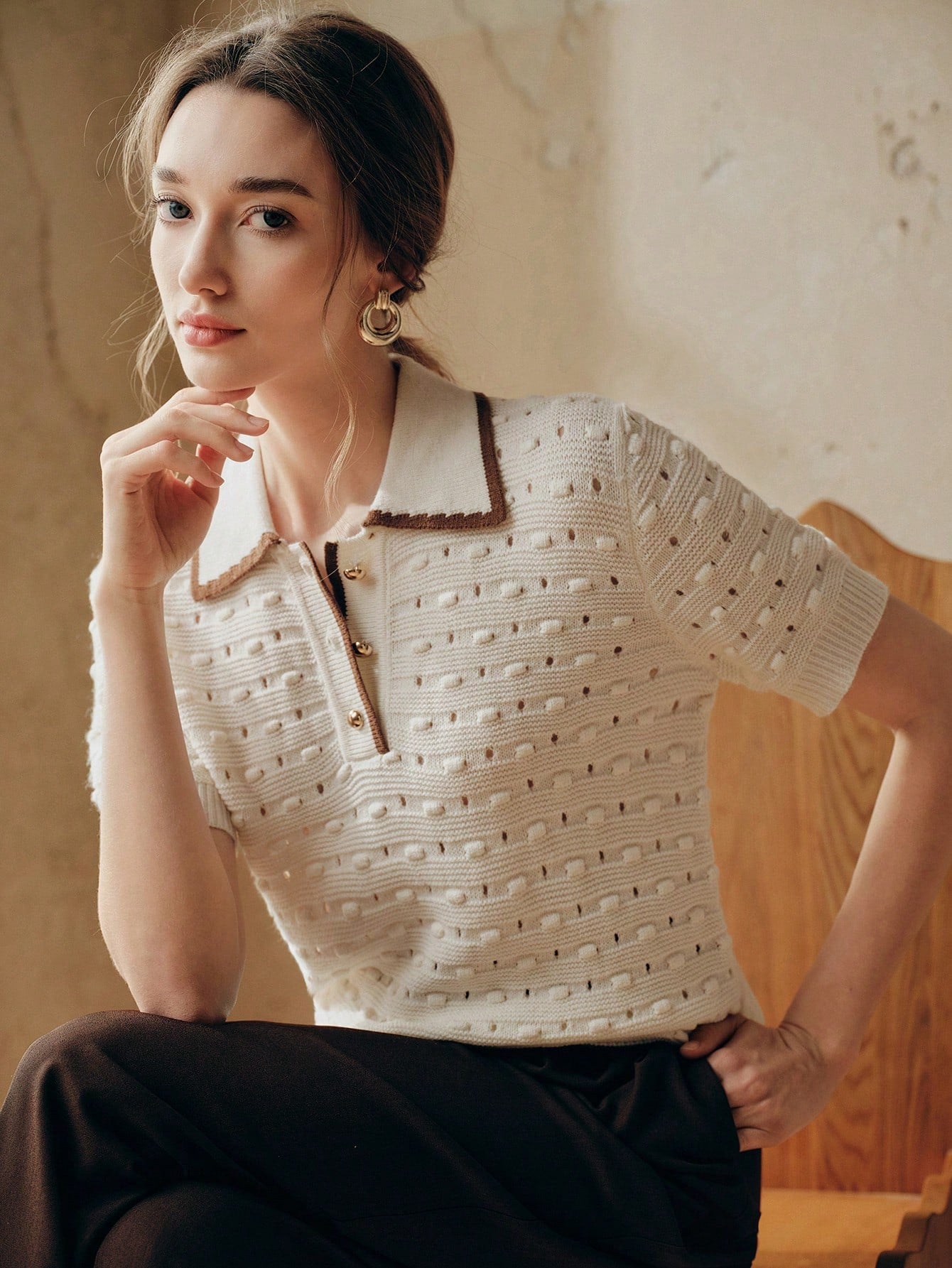 3D Crochet Hollow Gold Button Ivory Knit Top shein