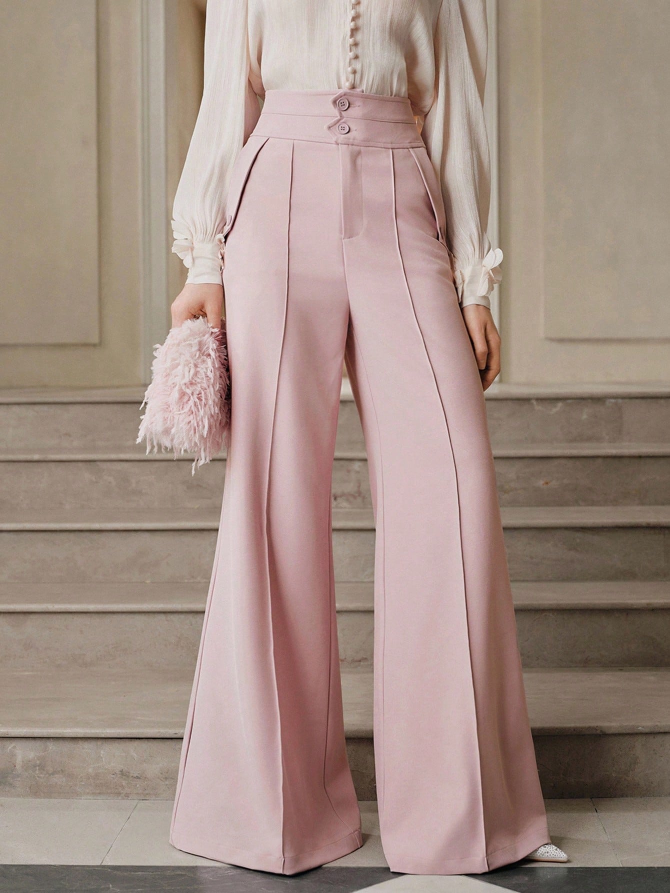 Elegant High-Waisted Flared Leg Double-Button Suit Pants shein
