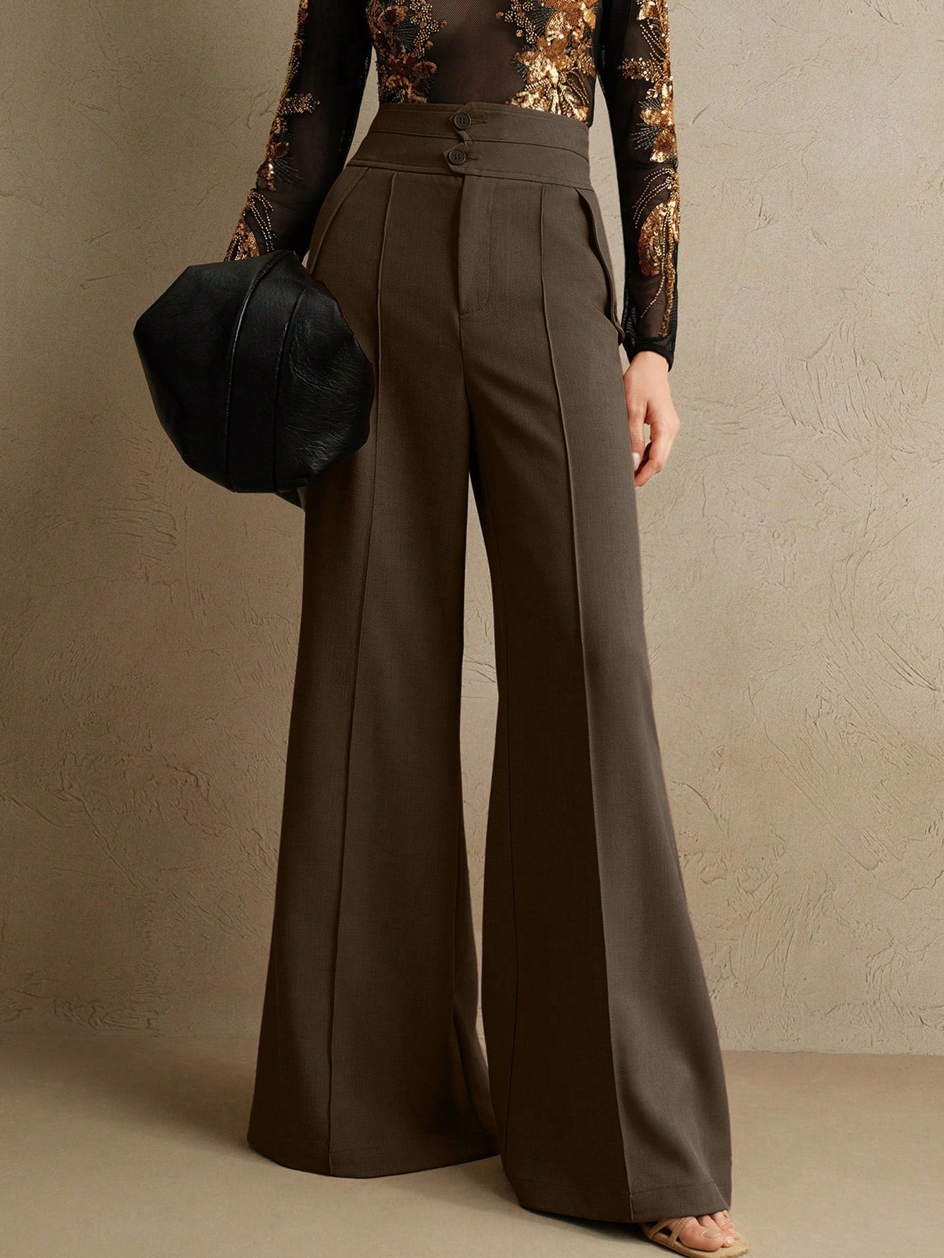 Elegant High-Waisted Flared Leg Double-Button Suit Pants shein