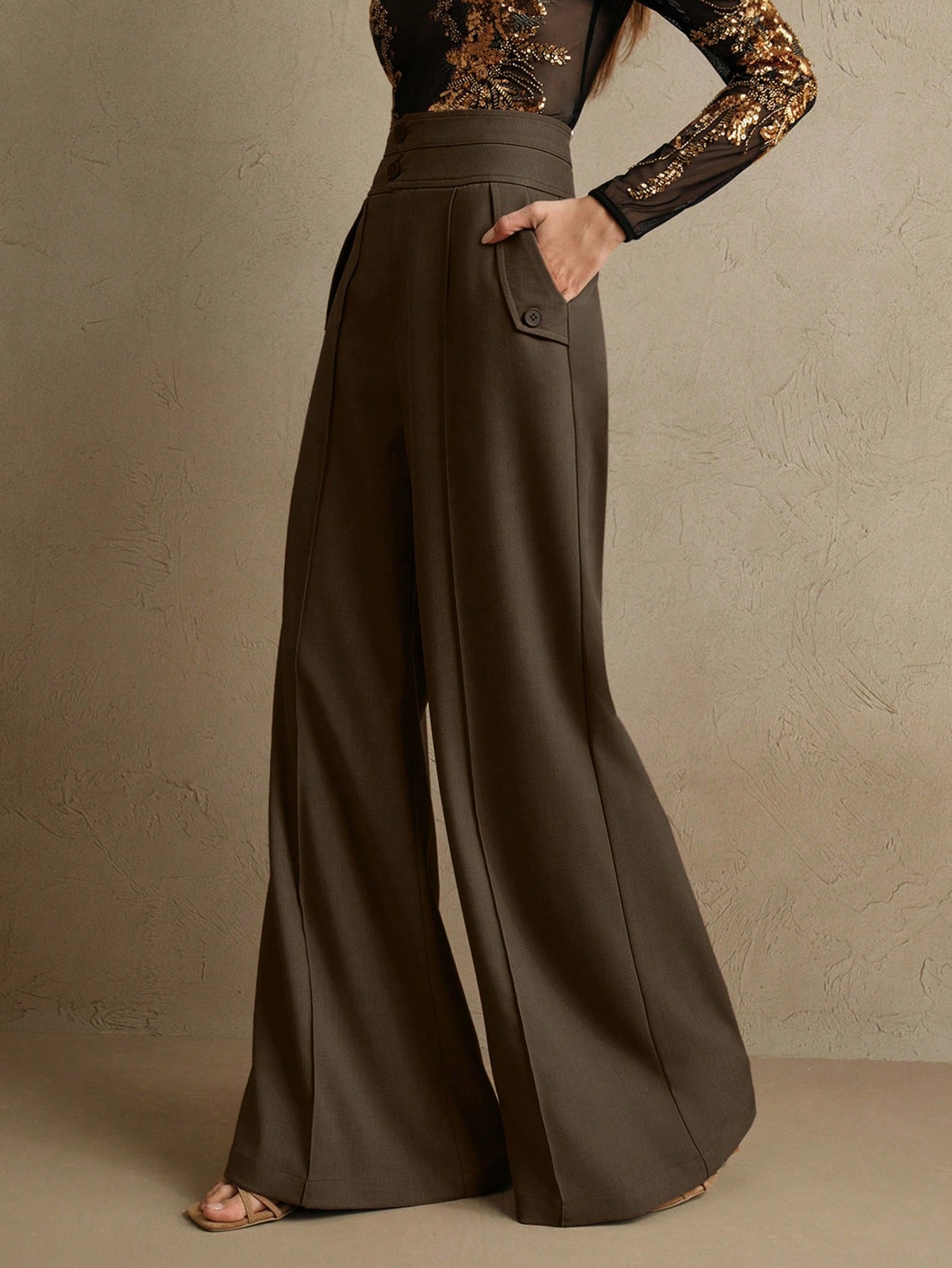 Elegant High-Waisted Flared Leg Double-Button Suit Pants shein