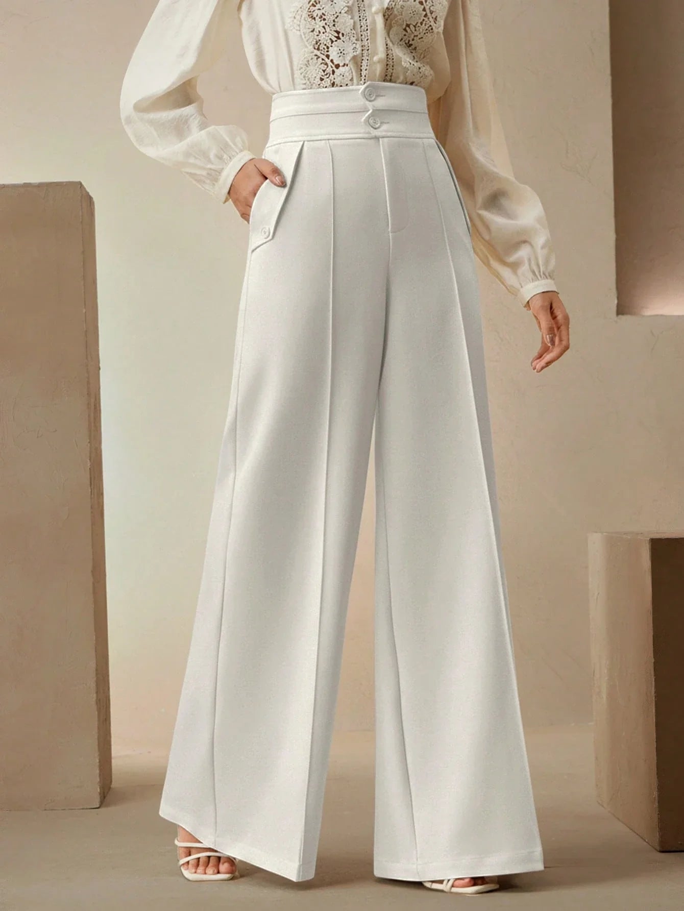 Elegant High-Waisted Flared Leg Double-Button Suit Pants shein