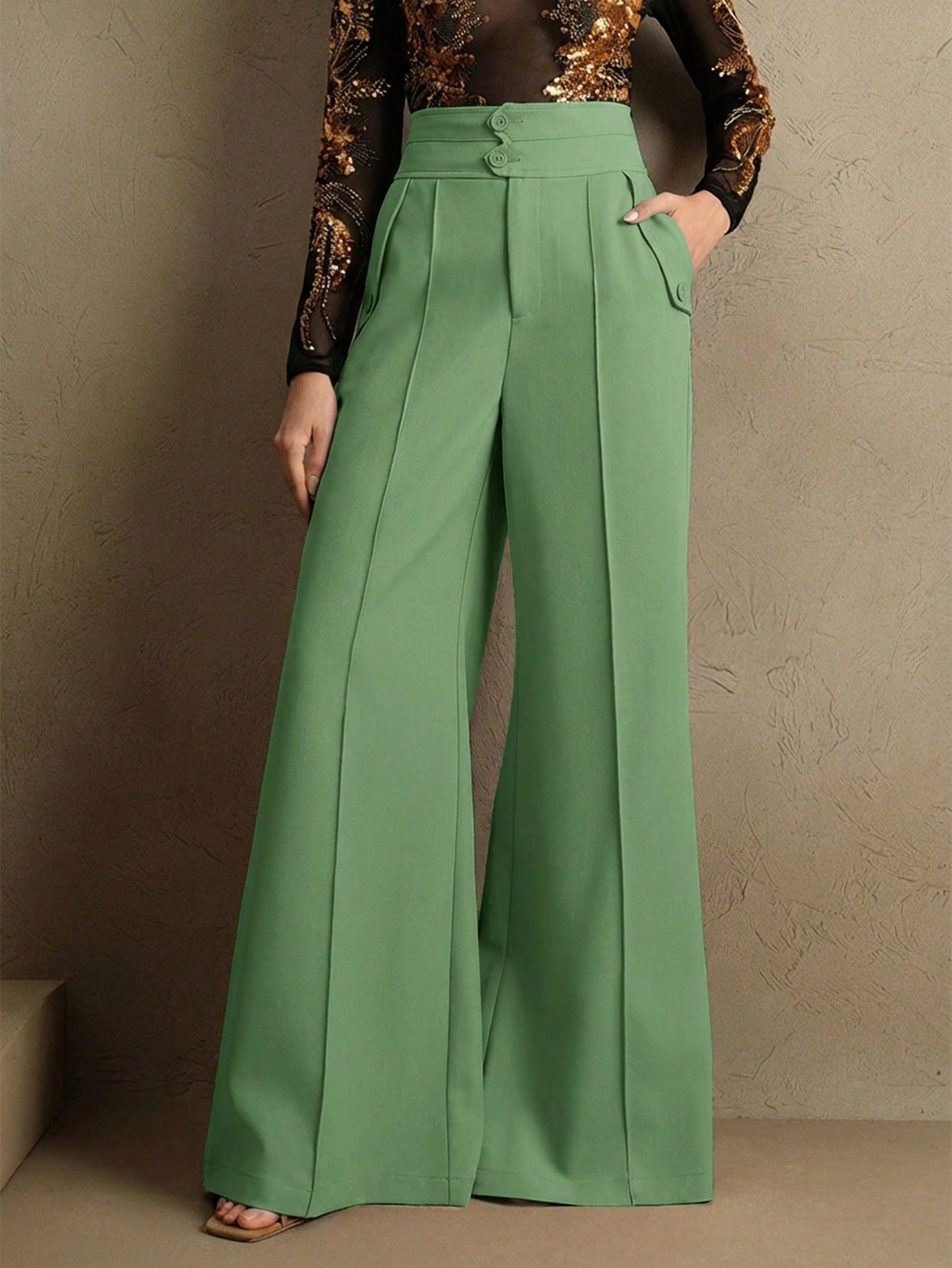 Elegant High-Waisted Flared Leg Double-Button Suit Pants shein