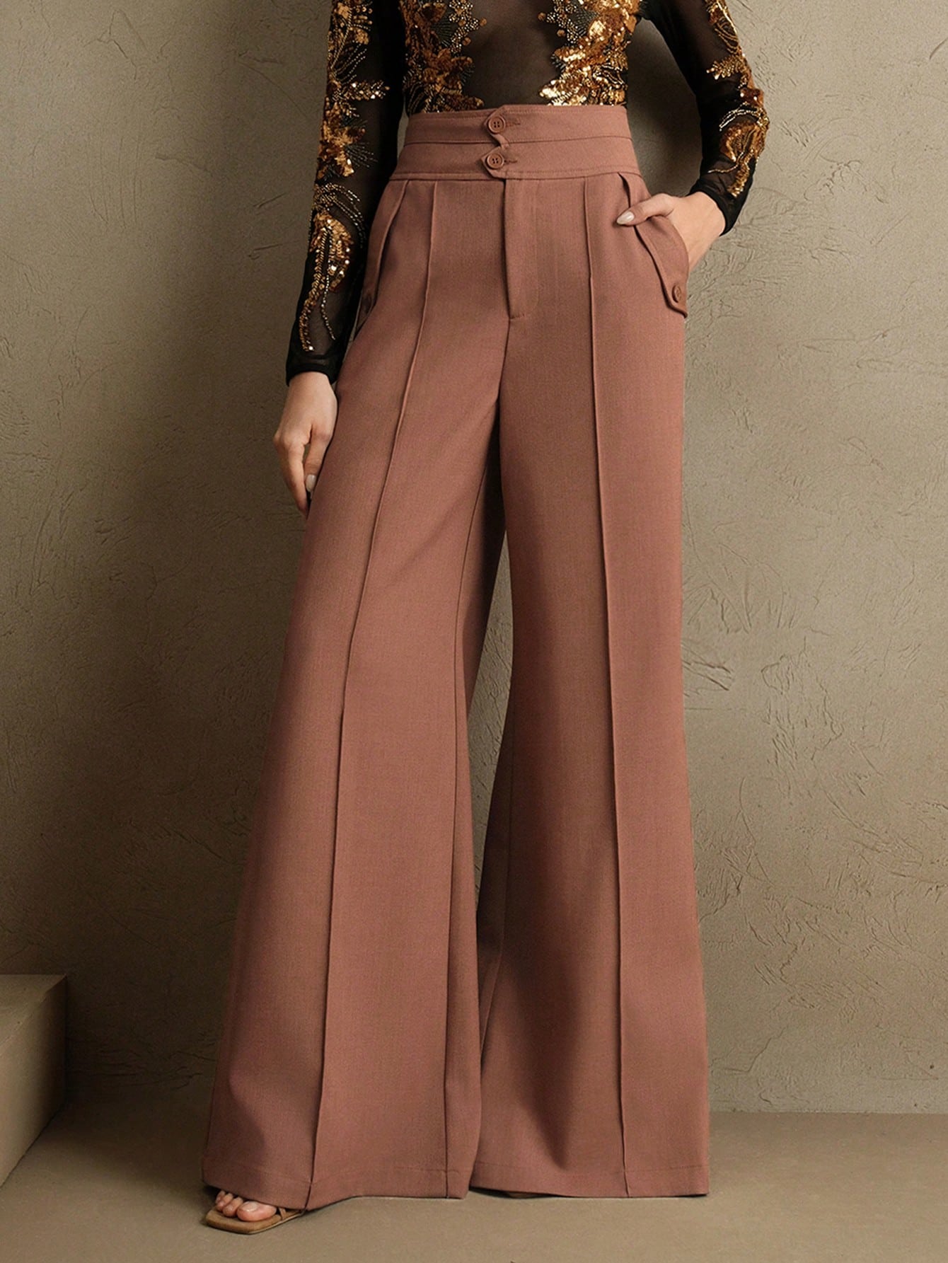 Elegant High-Waisted Flared Leg Double-Button Suit Pants shein