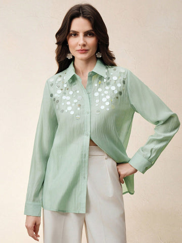 Elegant Hand-Beaded Sequin Decor Loose Fit Semi-Sheer Collared Blouse