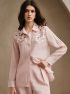 Elegant Hand-Beaded Sequin Decor Loose Fit Semi-Sheer Collared Blouse shein