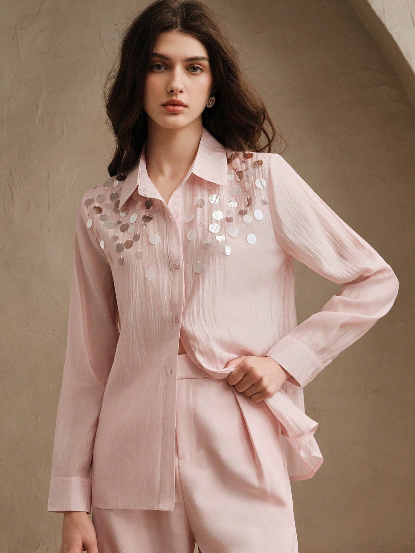 Elegant Hand-Beaded Sequin Decor Loose Fit Semi-Sheer Collared Blouse shein