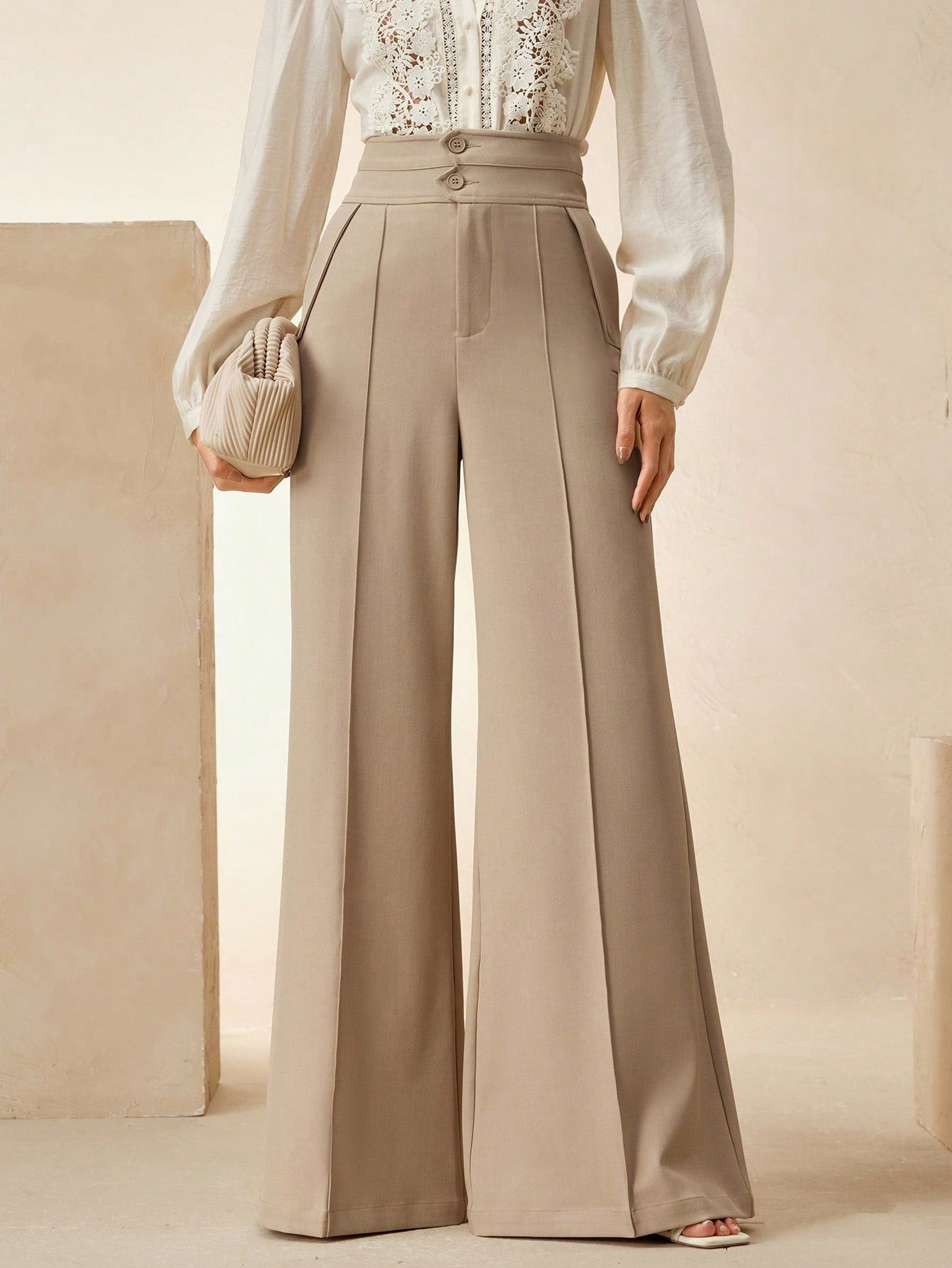 Elegant High-Waisted Flared Leg Double-Button Suit Pants shein